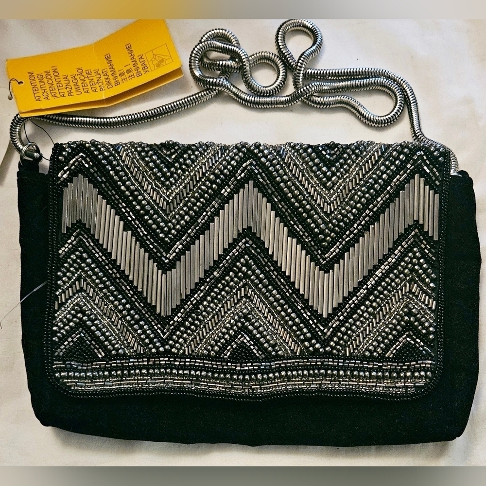 H&M Beaded Embellished Black Velvet Stainless Double Strand Shoulder Bag New